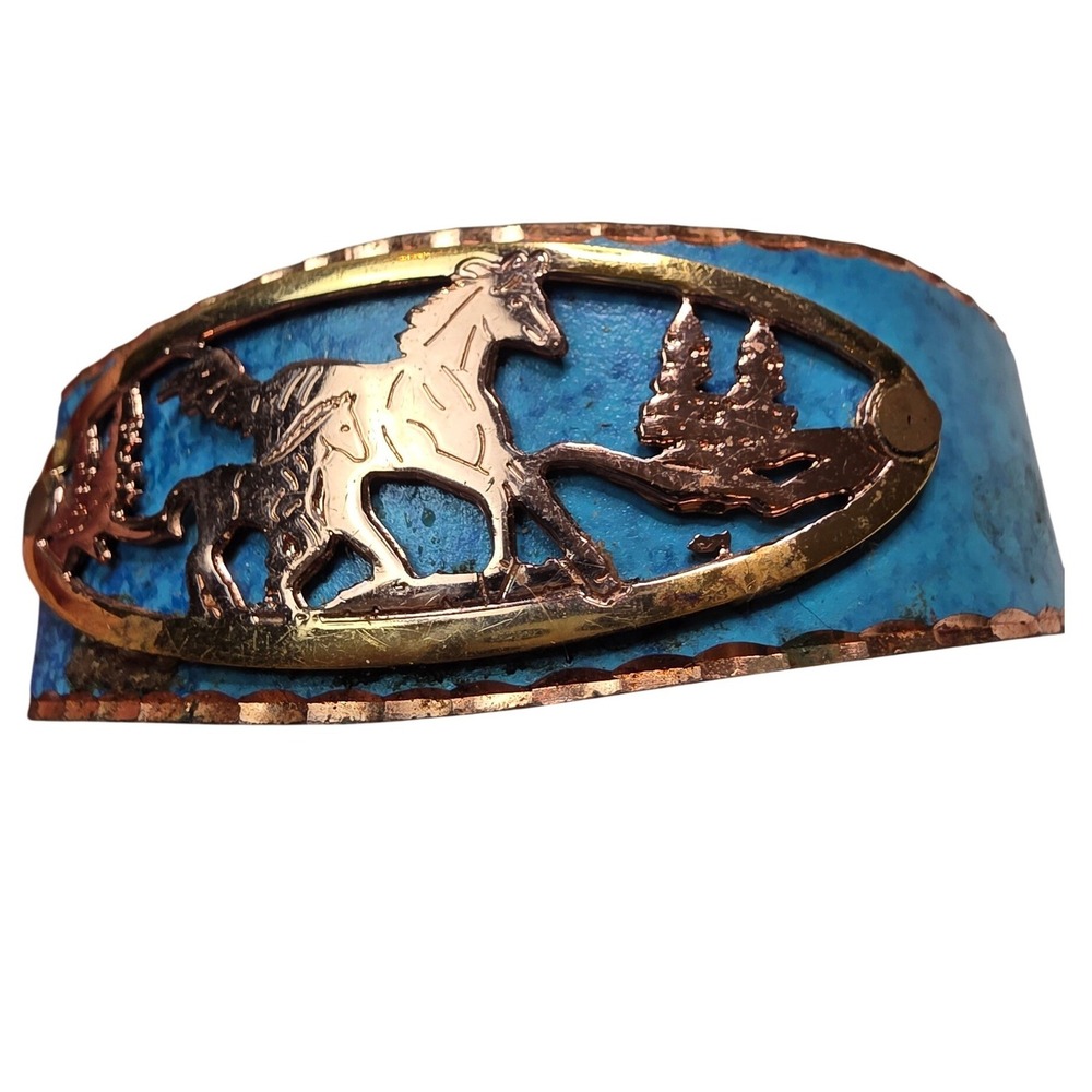 Vintage Copper Horse‎ Cuff Bracelet Western Mixed Metal Turquoise Blue Inlay